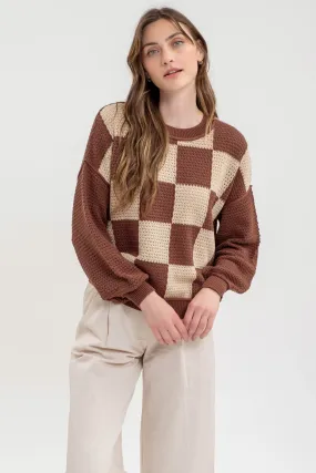 CHECKERED CROCHET KNIT LONG SLEEVE SWEATER