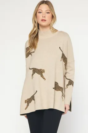 Cheetah Patterned Mock Neck Sweater