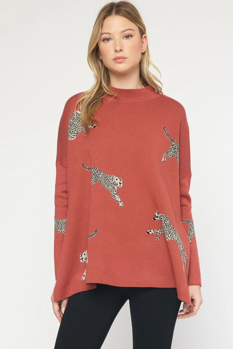 Cheetah Patterned Mock Neck Sweater