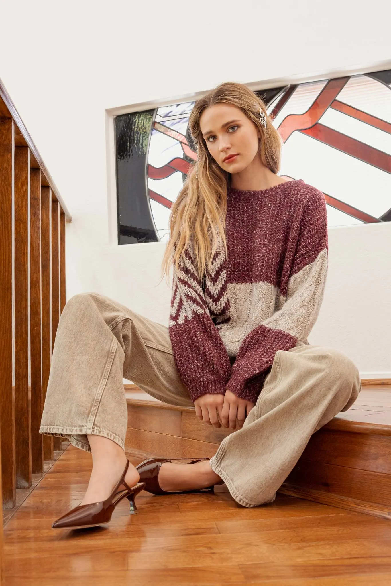COLORBLOCK CHEVRON CABLE KNIT SWEATER