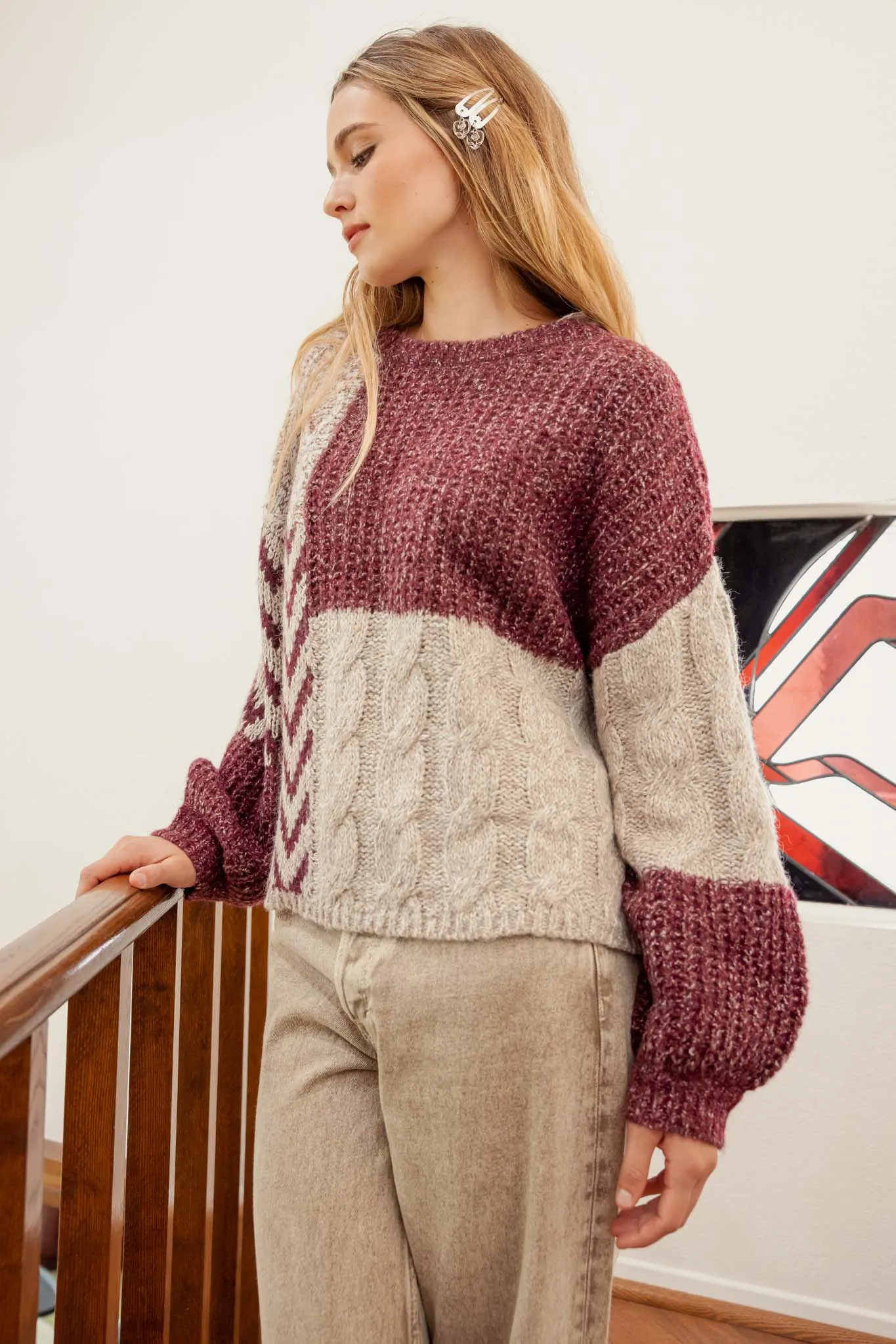 COLORBLOCK CHEVRON CABLE KNIT SWEATER