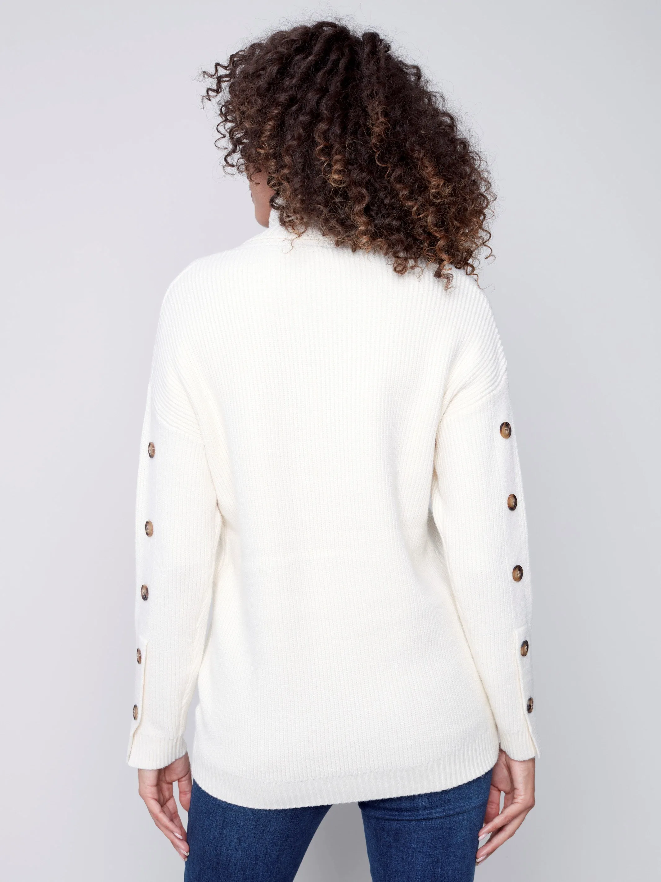 Cowl Neck Sweater with Button Detail - Ecru