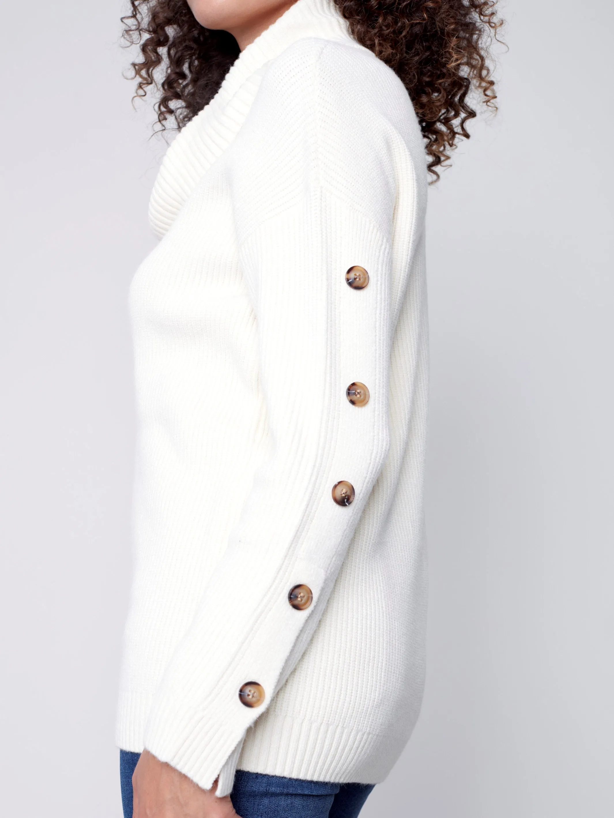 Cowl Neck Sweater with Button Detail - Ecru