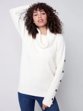Cowl Neck Sweater with Button Detail - Ecru