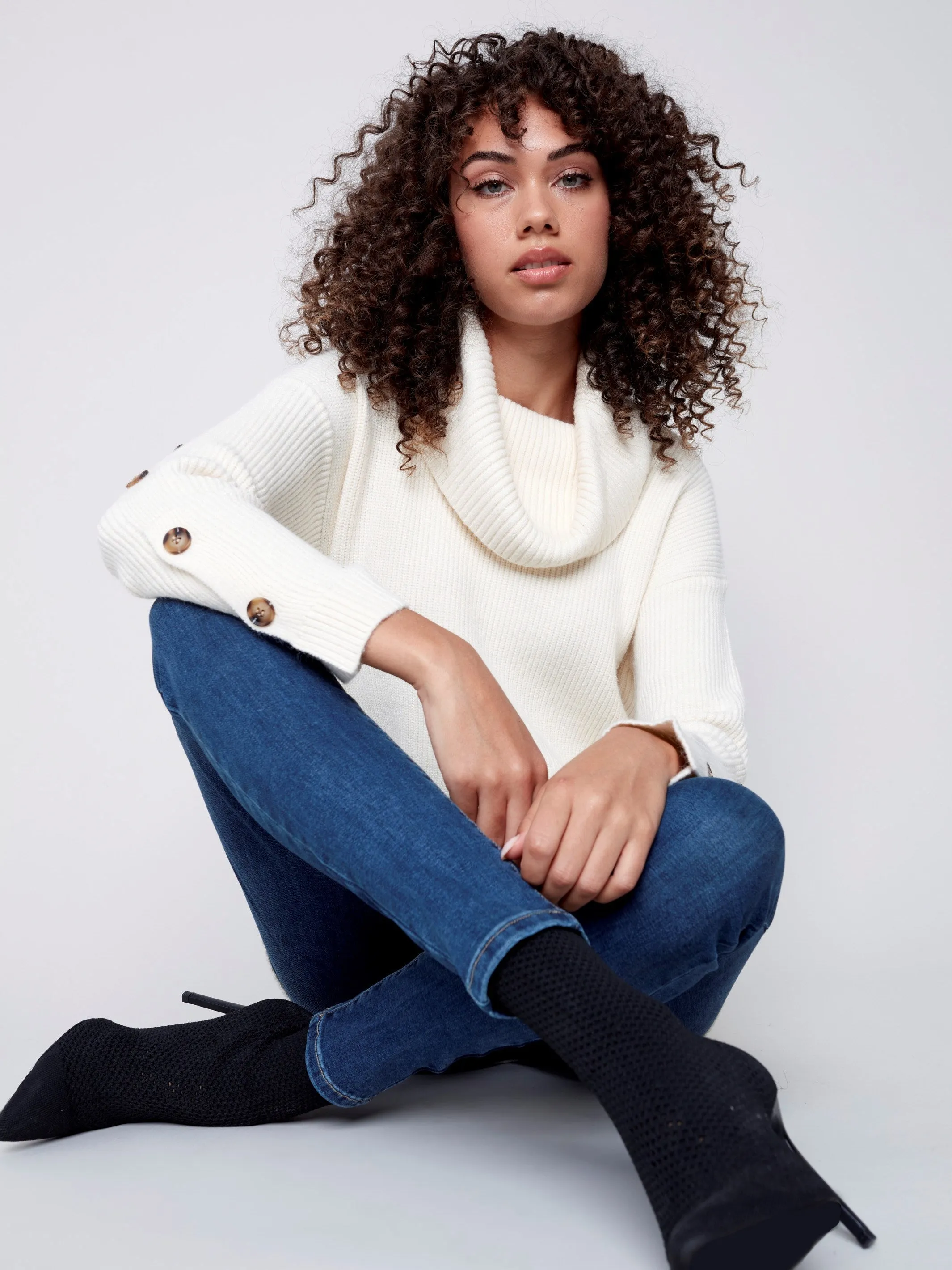Cowl Neck Sweater with Button Detail - Ecru