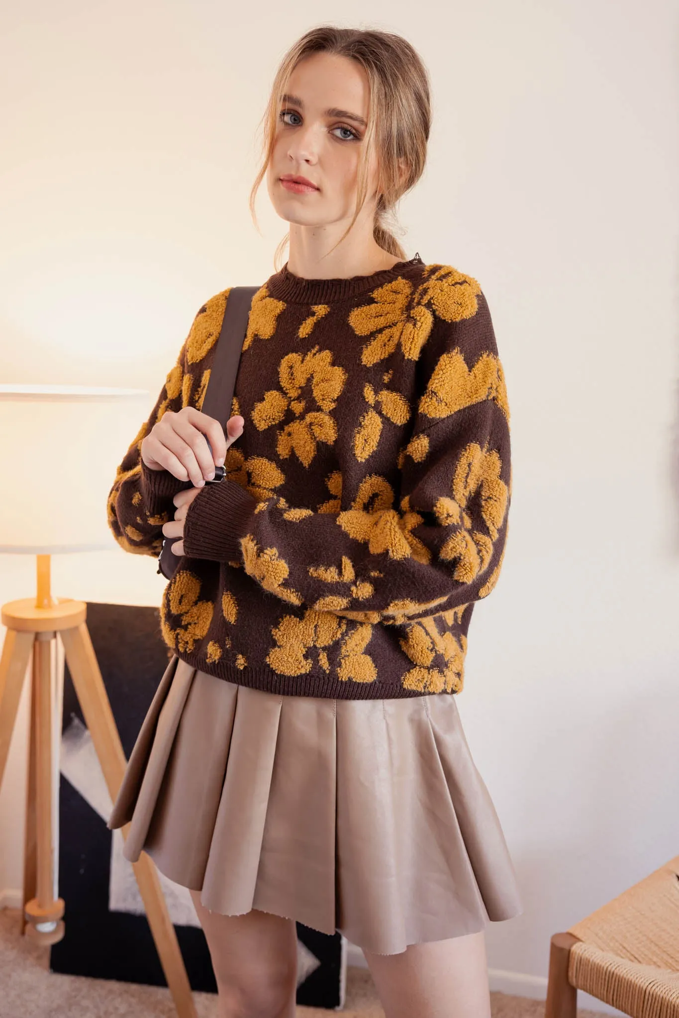 FLORAL DISTRESSED CREWNECK TERRY SWEATER