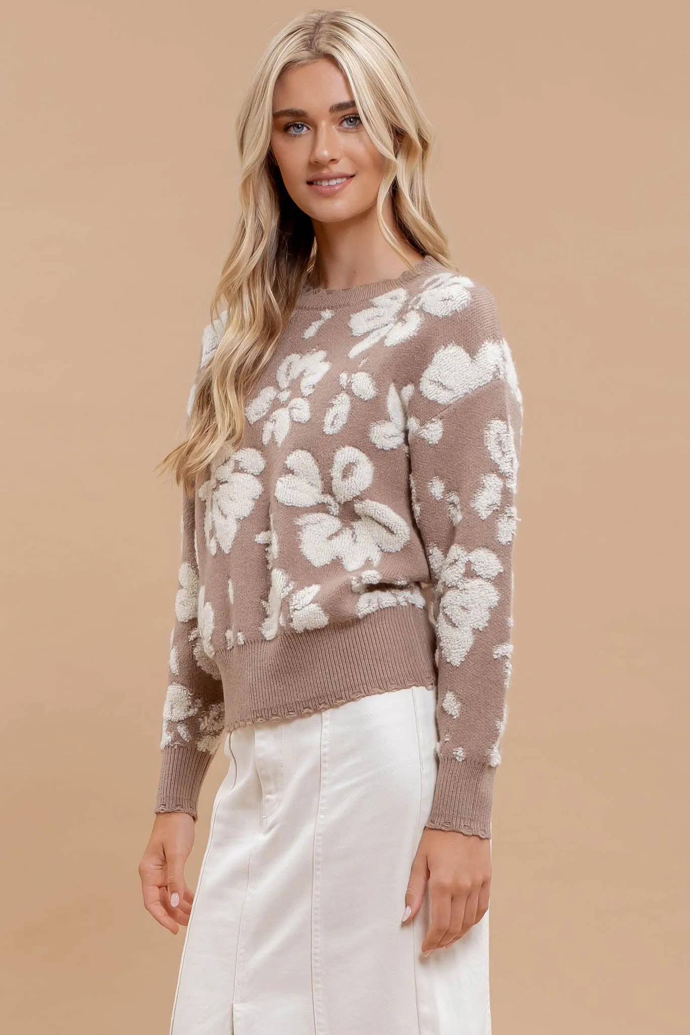 FLORAL DISTRESSED CREWNECK TERRY SWEATER