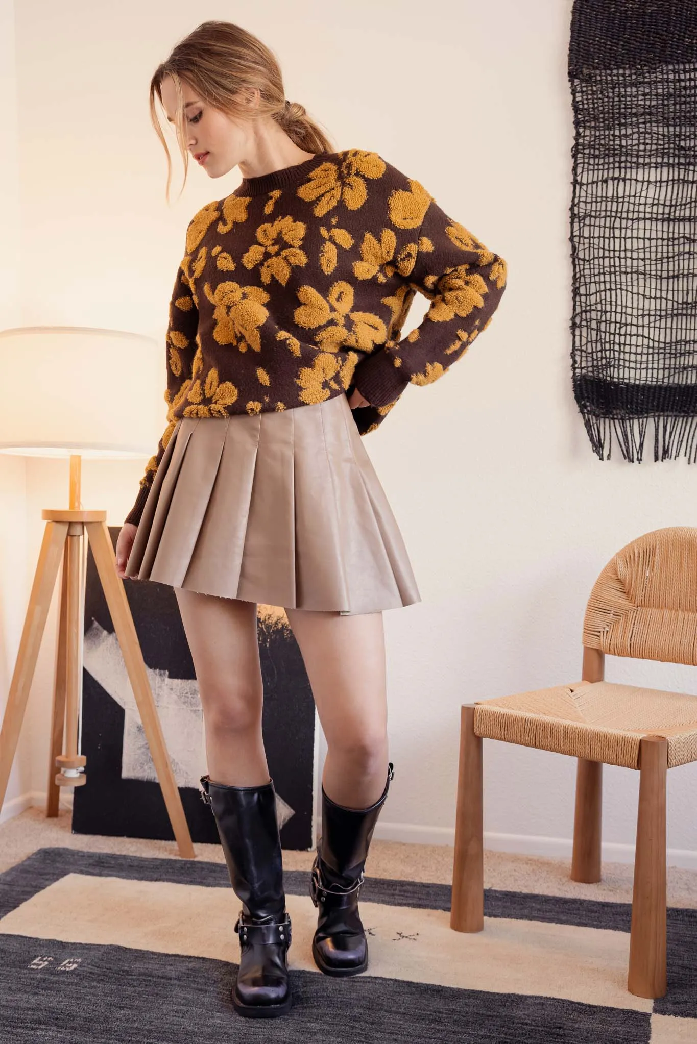 FLORAL DISTRESSED CREWNECK TERRY SWEATER