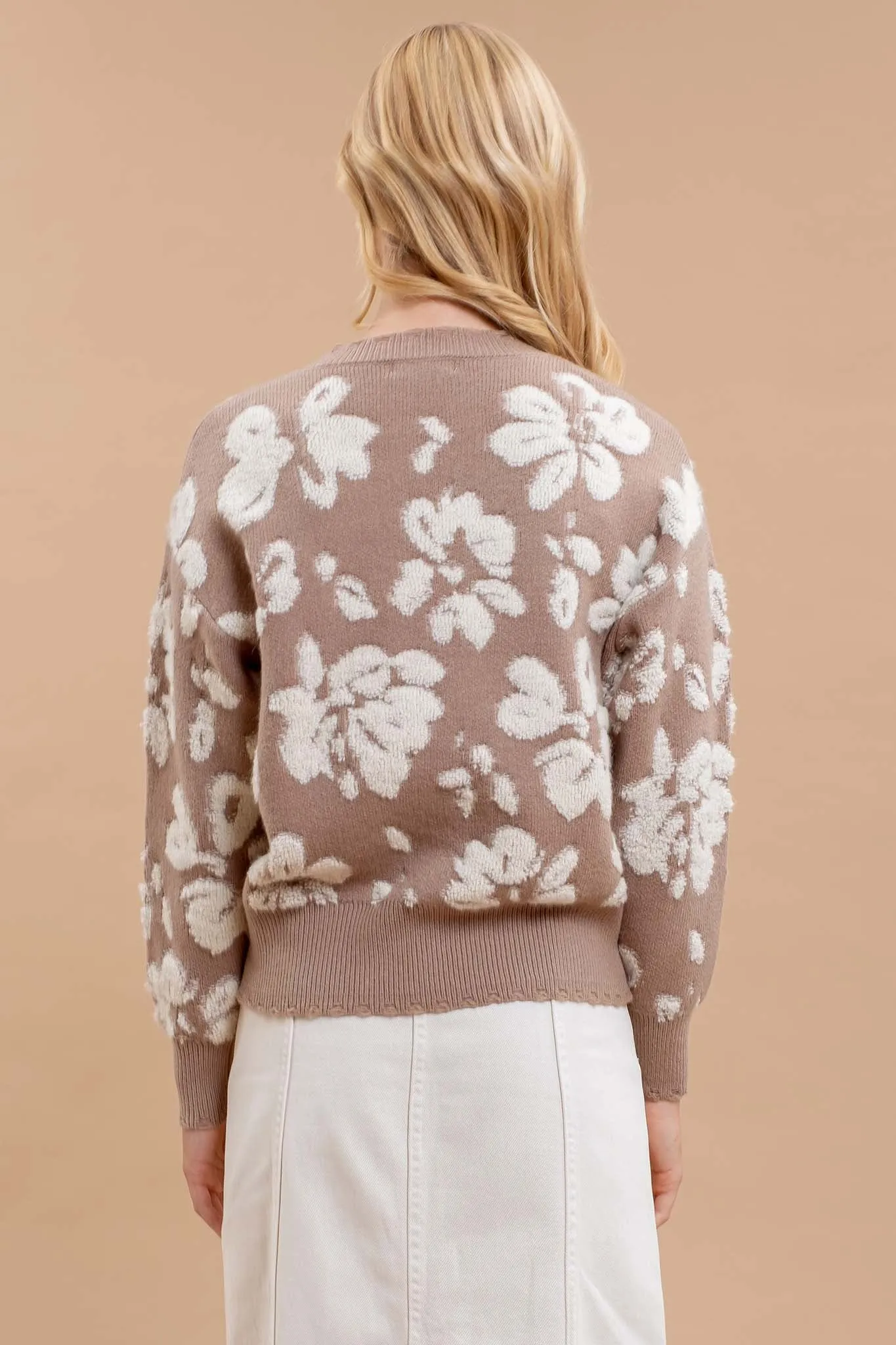 FLORAL DISTRESSED CREWNECK TERRY SWEATER