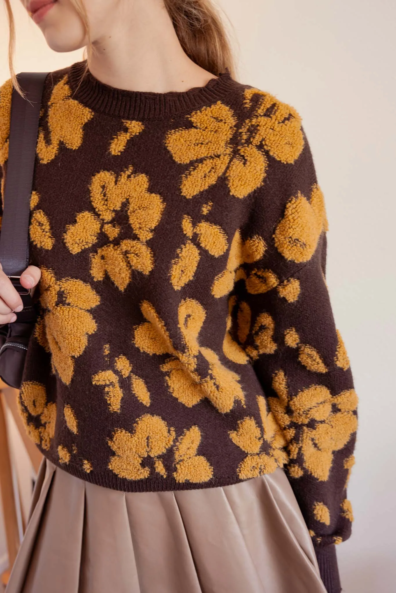 FLORAL DISTRESSED CREWNECK TERRY SWEATER