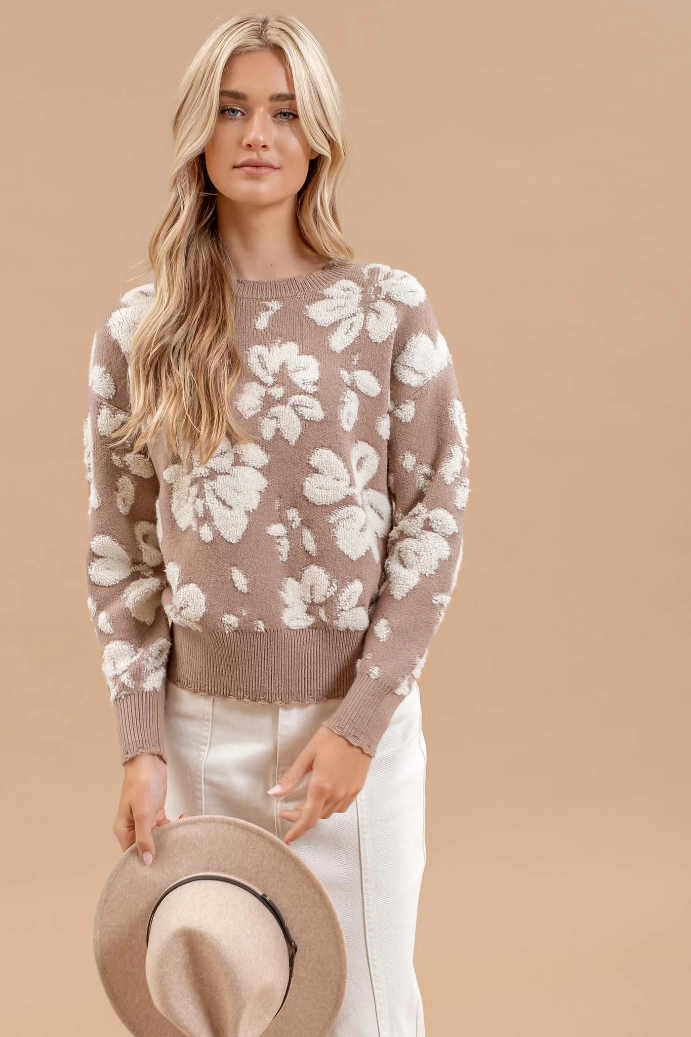 FLORAL DISTRESSED CREWNECK TERRY SWEATER