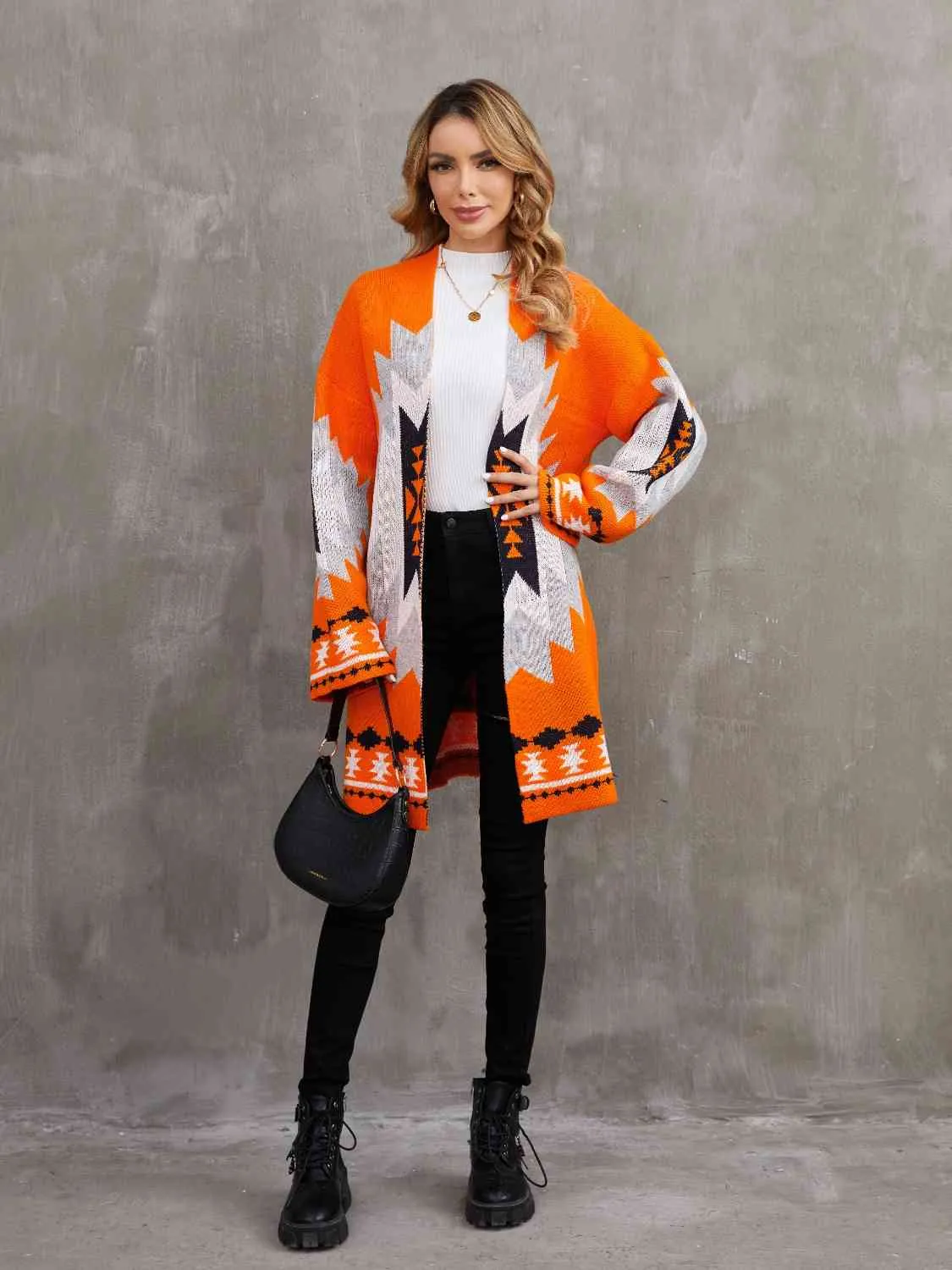 Geometric Open Front Longline Cardigan