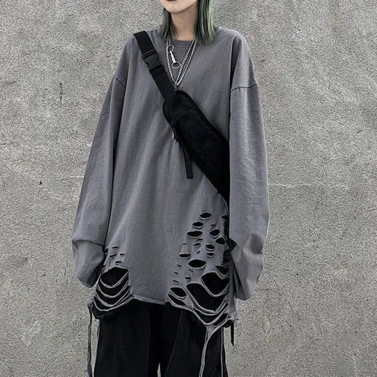 Harajuku Women Alt Emo Tshirts Oversized Long Sleeve E Girl Pullovers Hip Hop Punk Streetwear Tees Black Loose T-Shirt Clothes