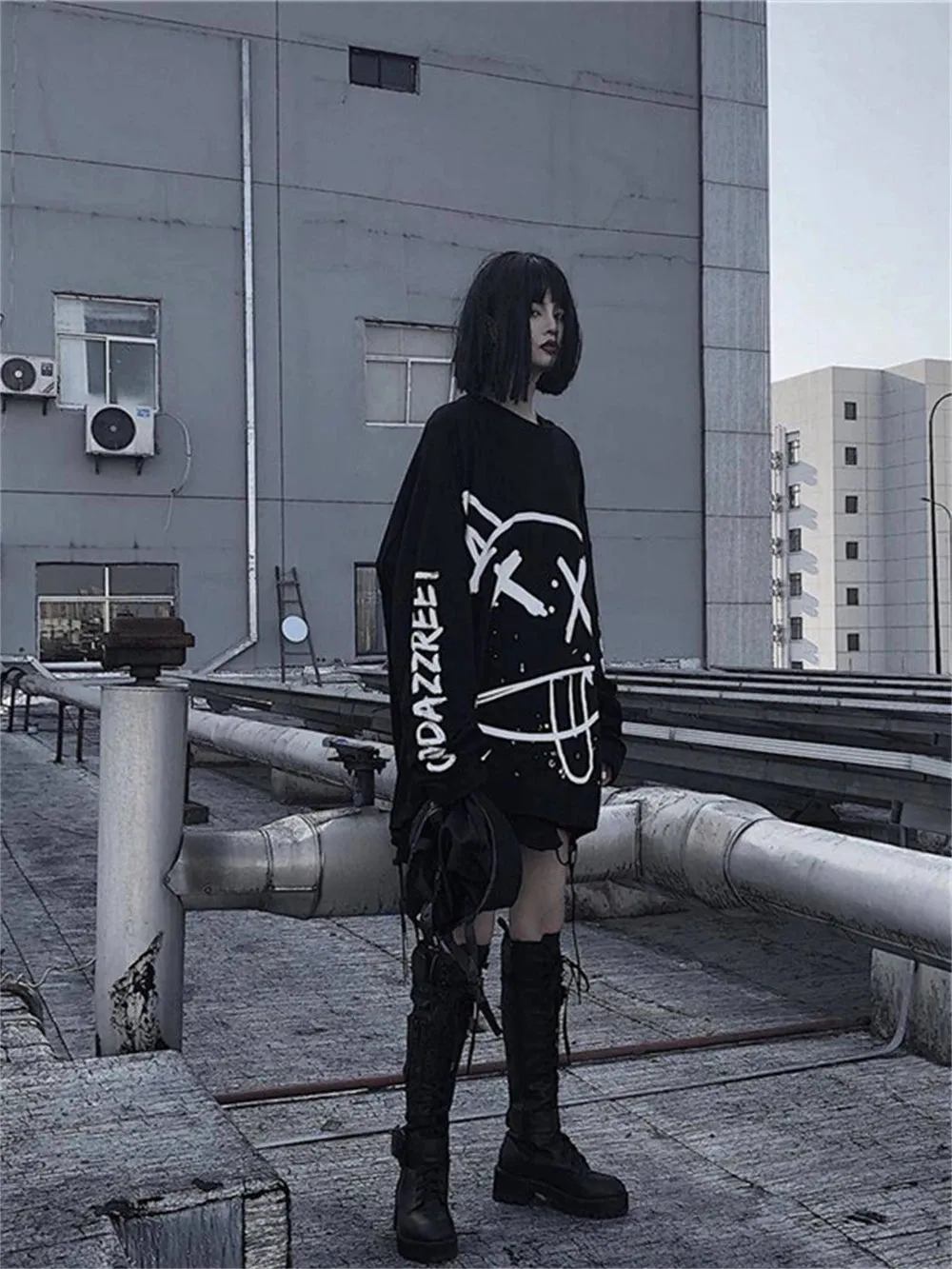 Harajuku Women Alt Emo Tshirts Oversized Long Sleeve E Girl Pullovers Hip Hop Punk Streetwear Tees Black Loose T-Shirt Clothes