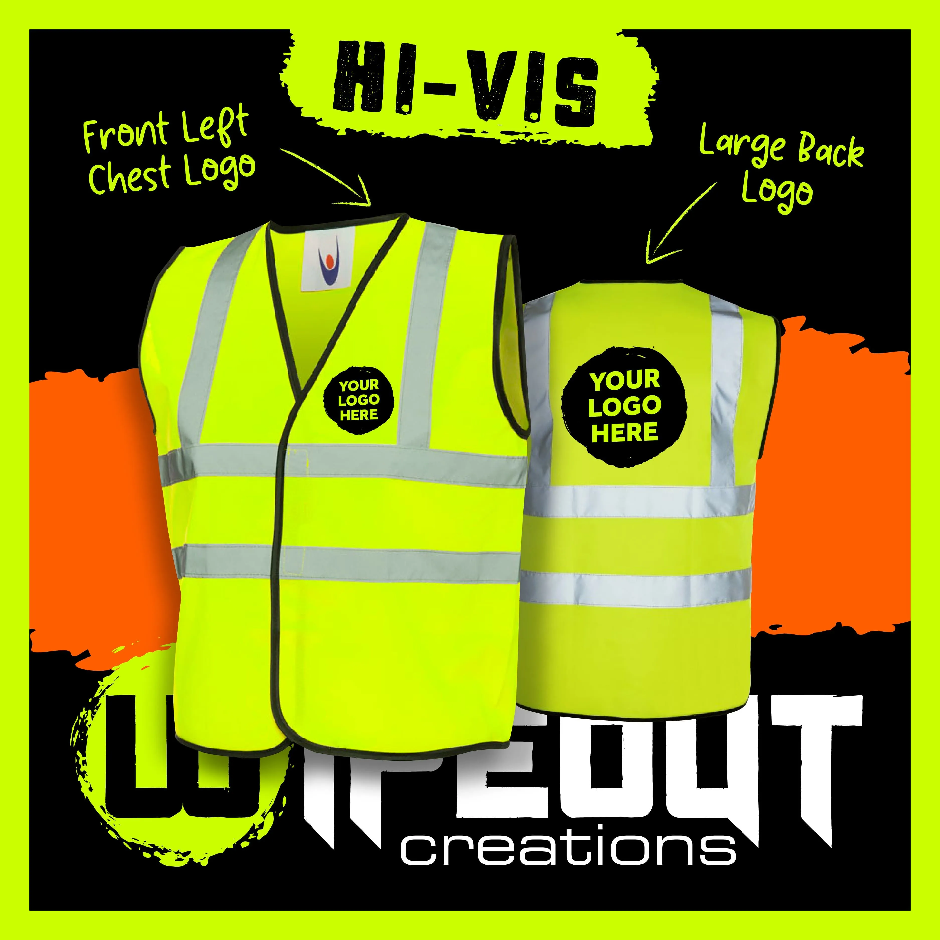 Hi Visibility Printed Front & Back Vests (yellow or orange) x10 - Logo/Text