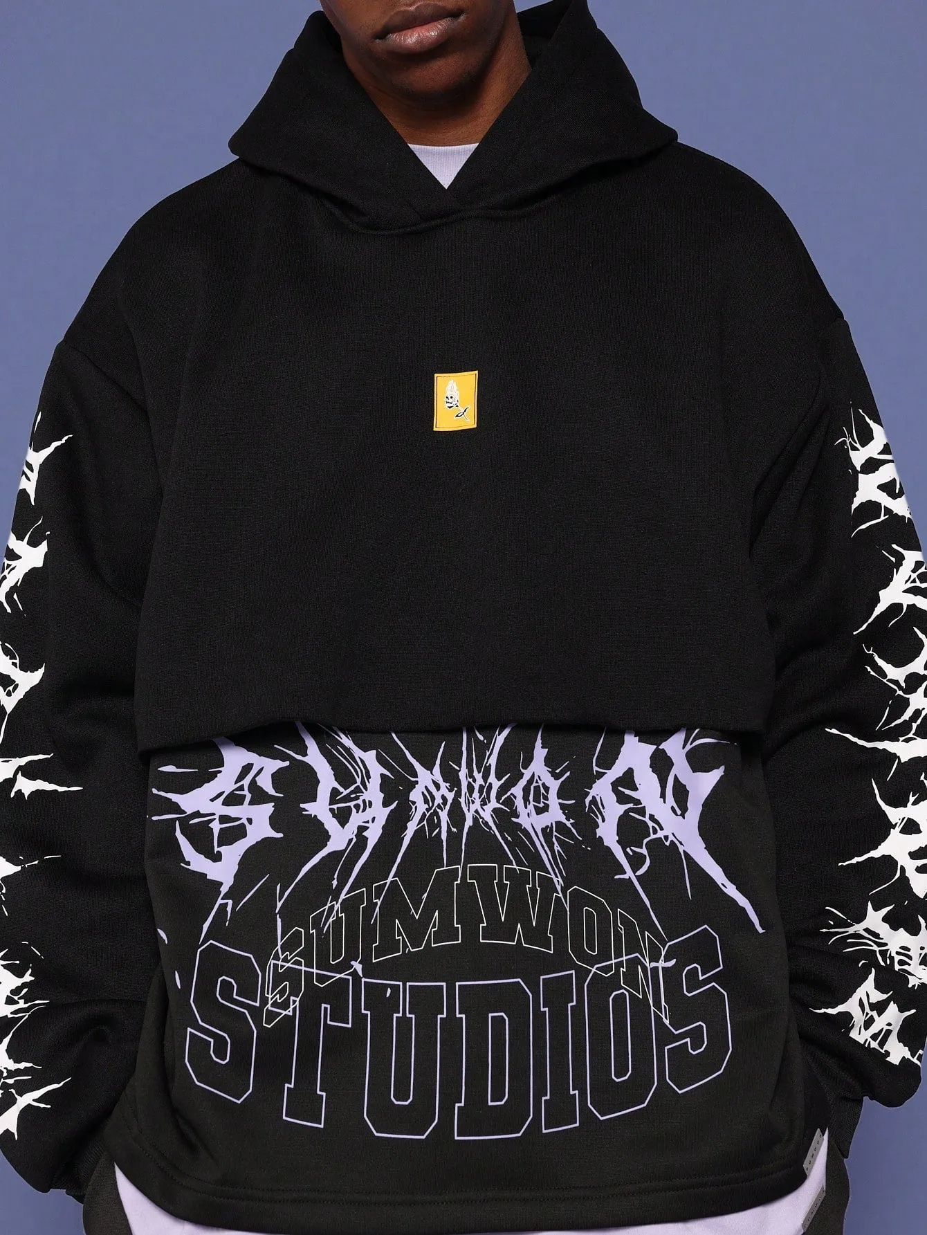 Overhead Double Layer Hoodie With Gothic Graphic Print