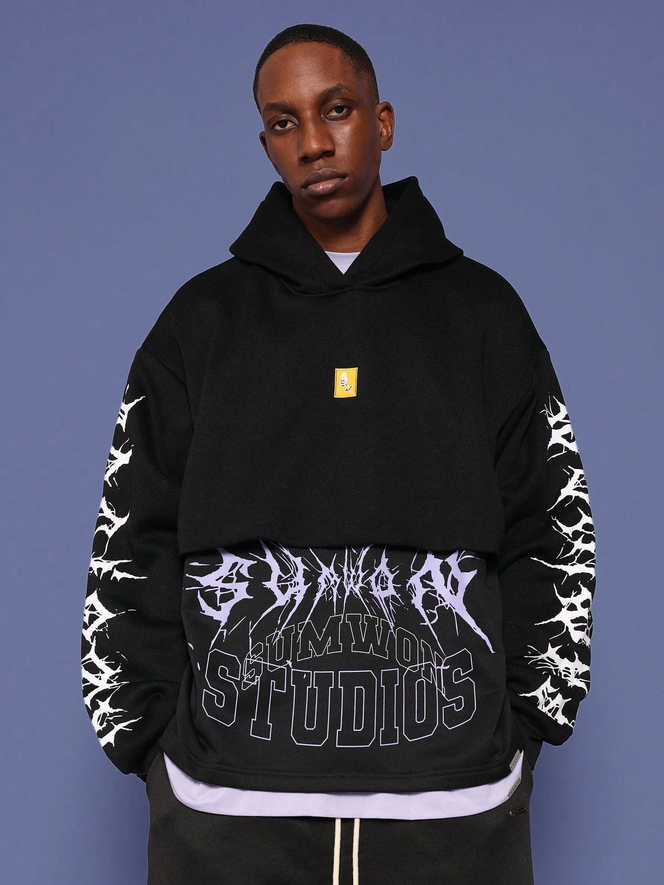 Overhead Double Layer Hoodie With Gothic Graphic Print