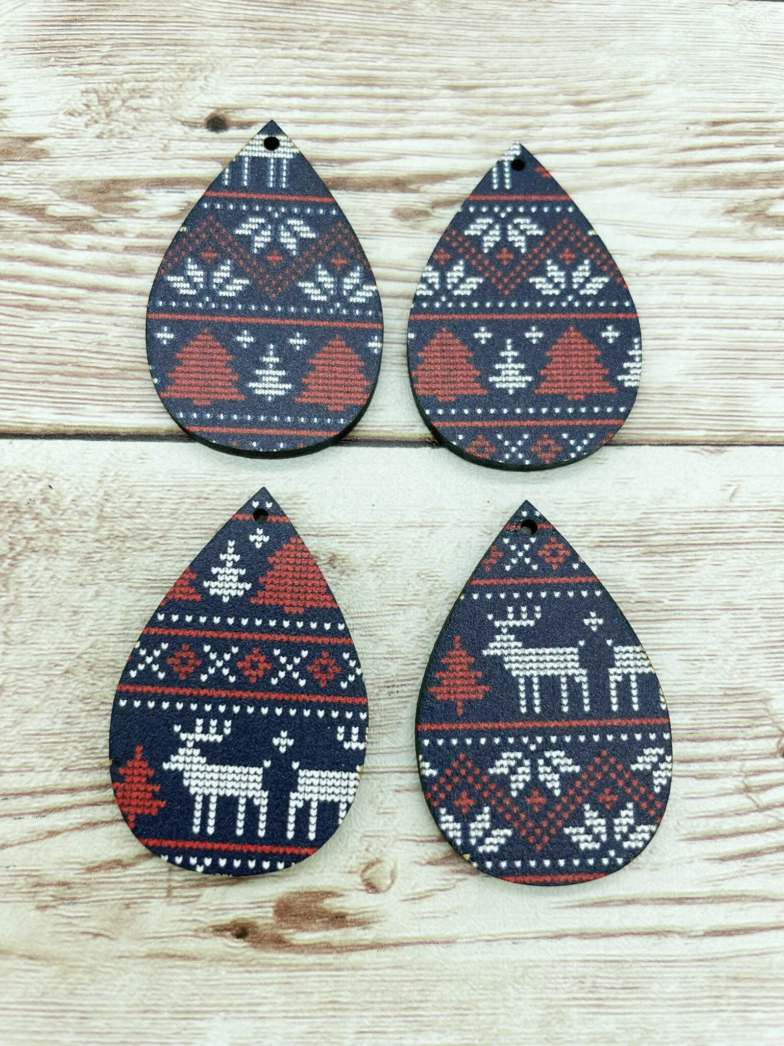 Patterned Wood Christmas Sweater Print Teardrop Earring Blanks, DIY Jewelry Making