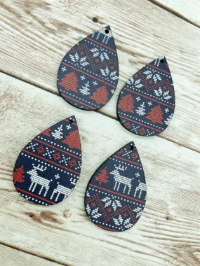Patterned Wood Christmas Sweater Print Teardrop Earring Blanks, DIY Jewelry Making