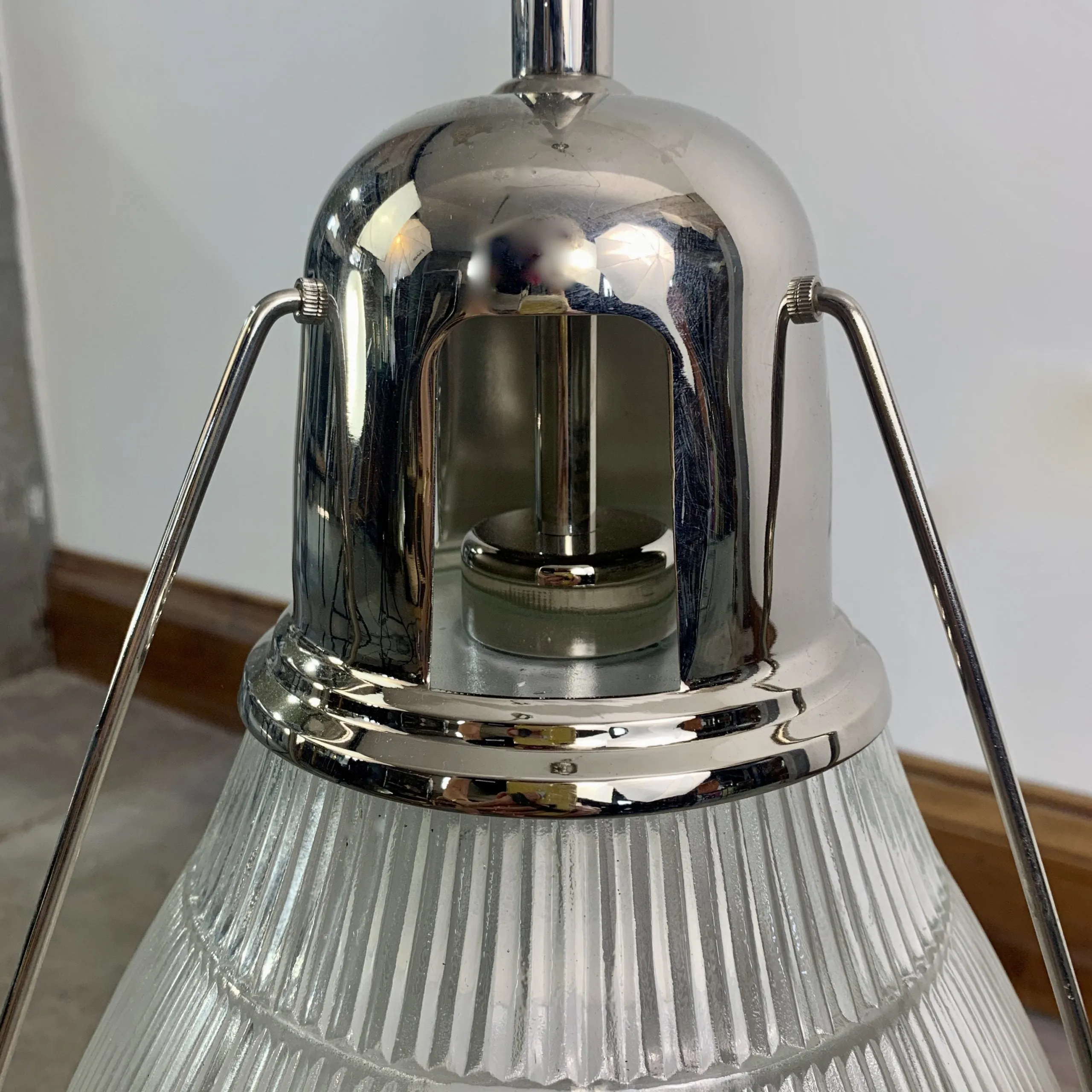 Pendant Light, Nickel, Tall, Ribbed Glass Shade