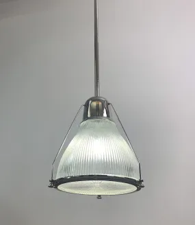Pendant Light, Nickel, Tall, Ribbed Glass Shade