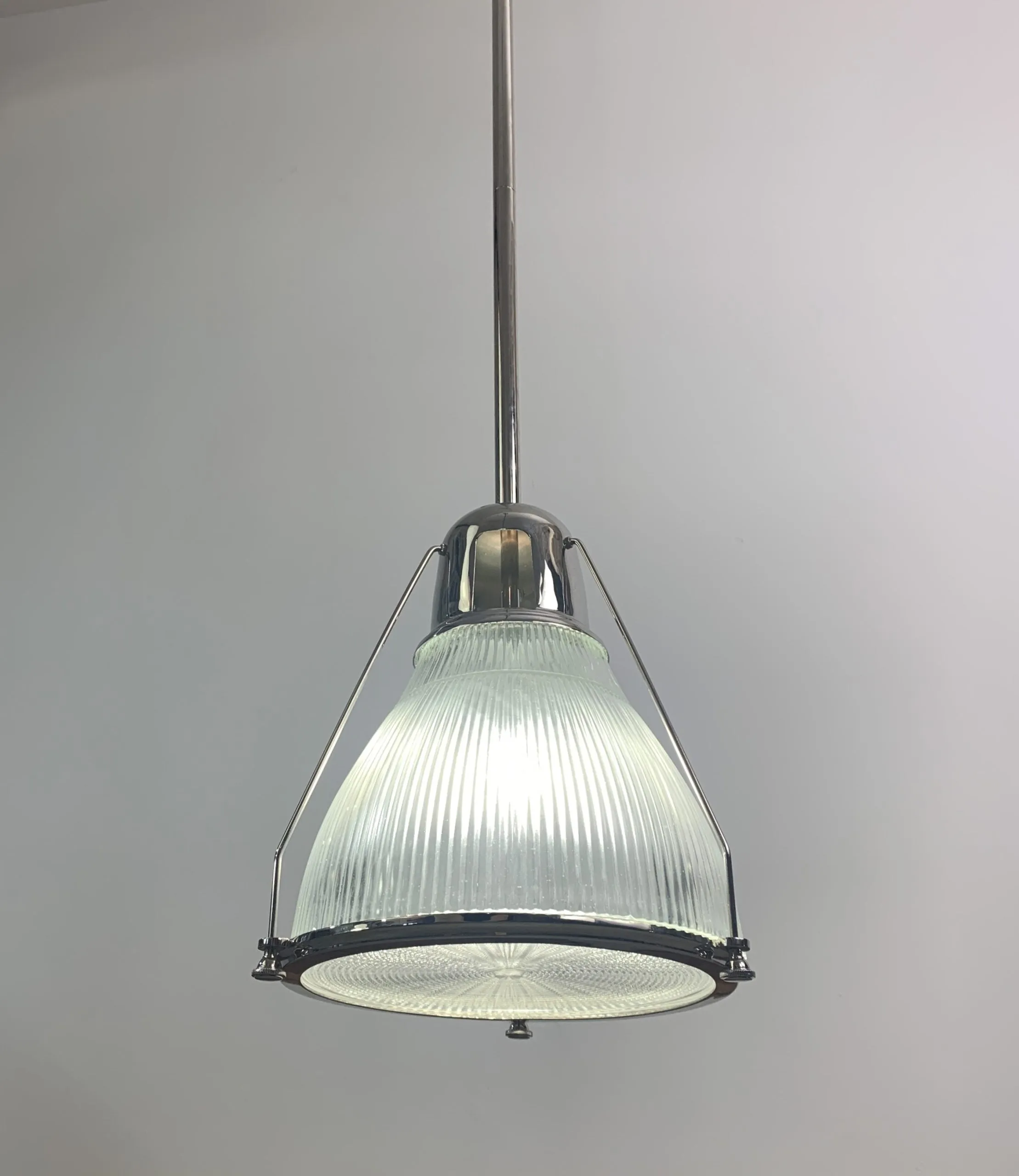 Pendant Light, Nickel, Tall, Ribbed Glass Shade