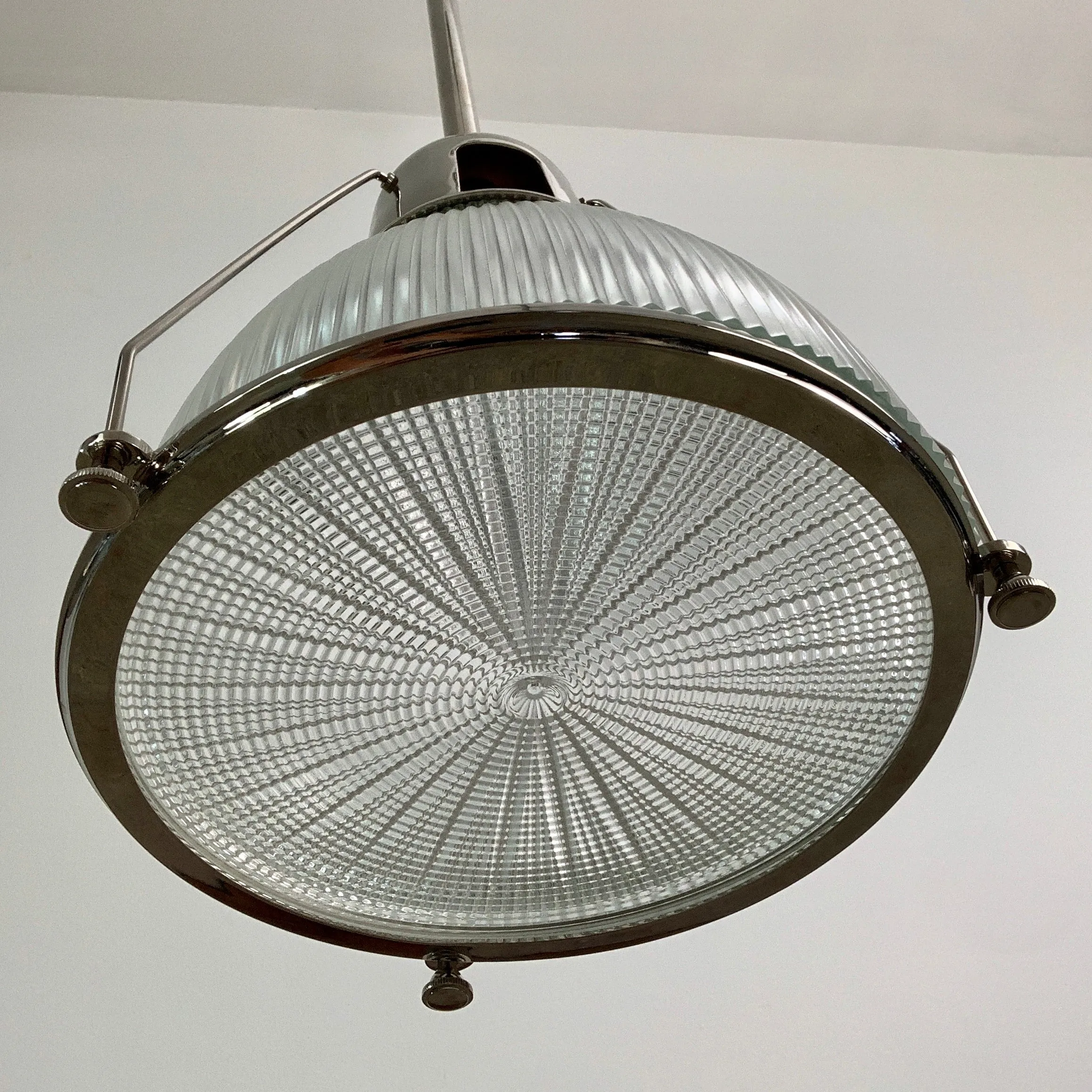 Pendant Light, Nickel, Tall, Ribbed Glass Shade