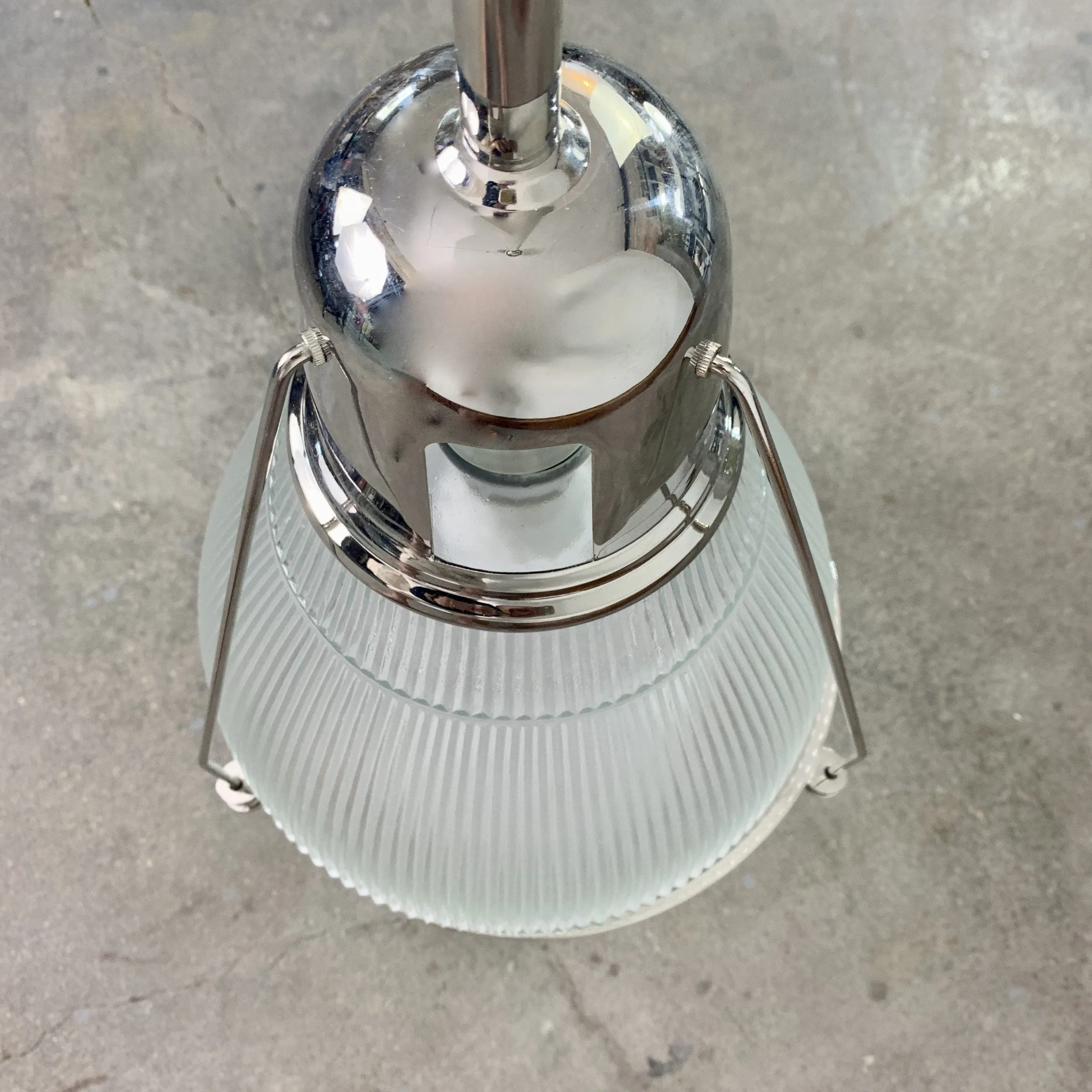 Pendant Light, Nickel, Tall, Ribbed Glass Shade