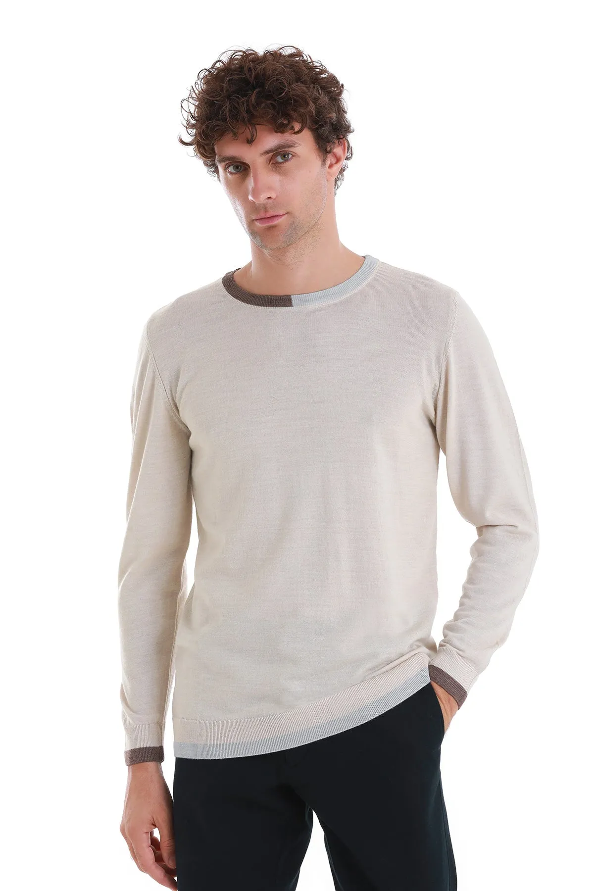 Regular Fit Beige Wool Blend Crewneck Sweater