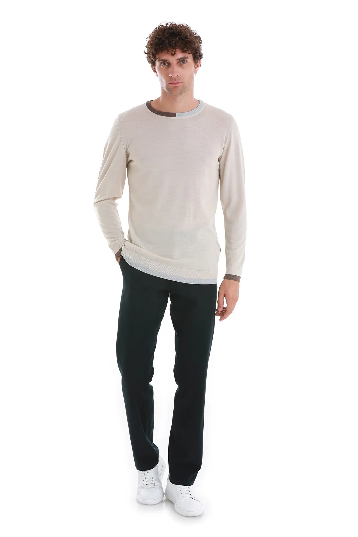 Regular Fit Beige Wool Blend Crewneck Sweater