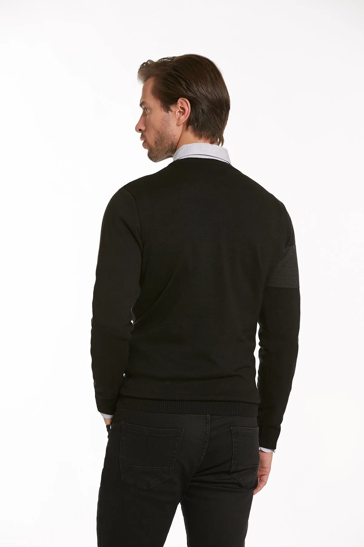 Regular Fit Black - Charcoal Cotton Blend Crewneck Sweater