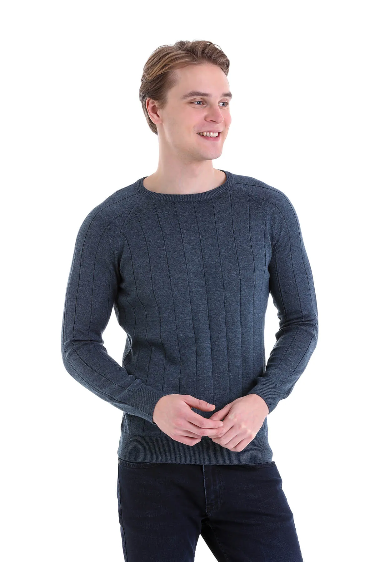 Regular Fit Indigo Cotton Blend Crewneck Sweater