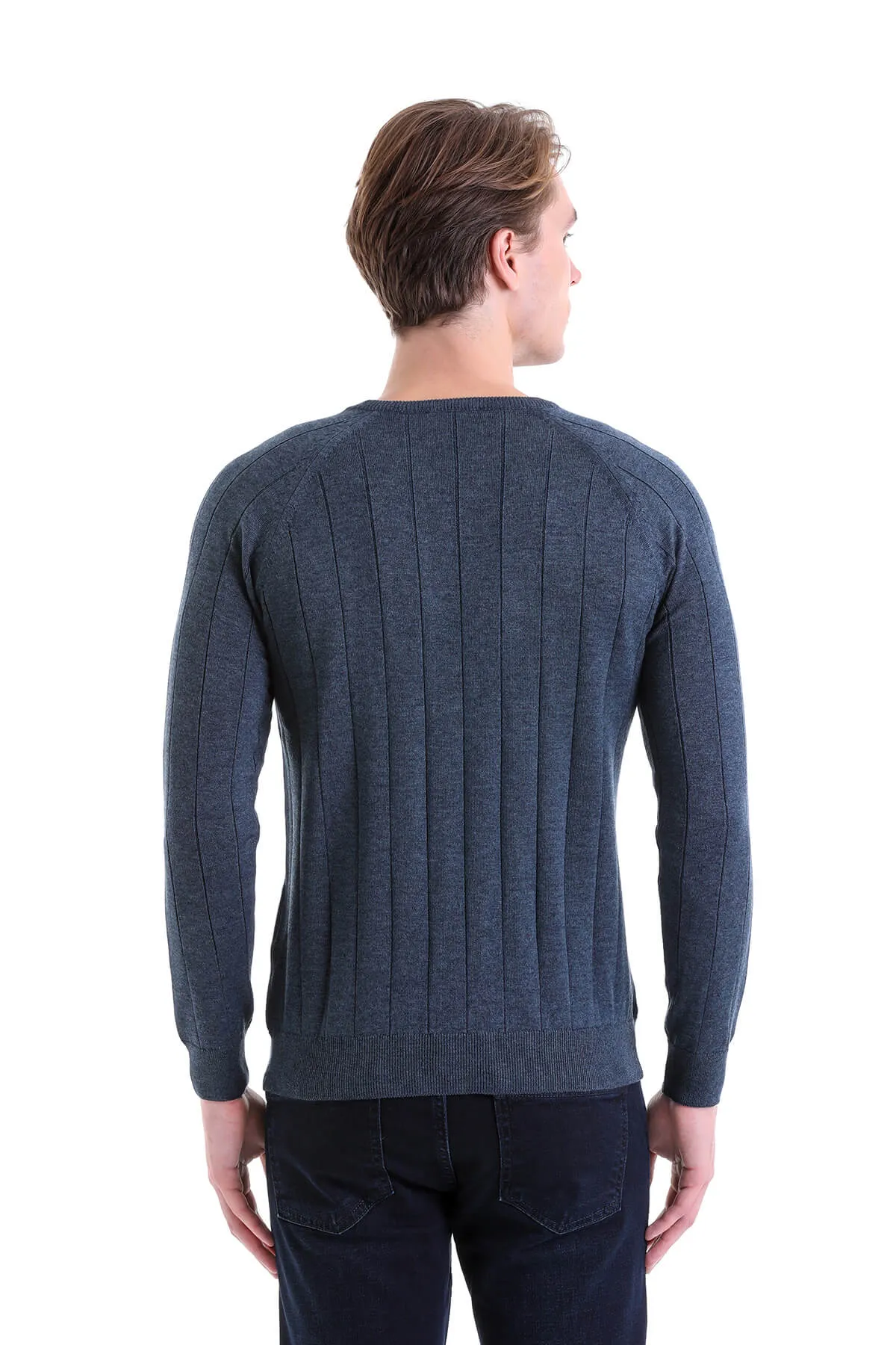 Regular Fit Indigo Cotton Blend Crewneck Sweater
