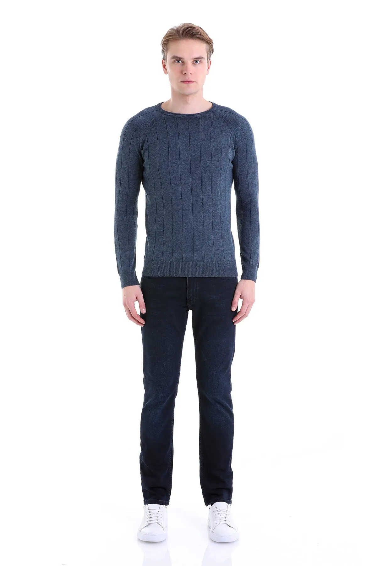 Regular Fit Indigo Cotton Blend Crewneck Sweater