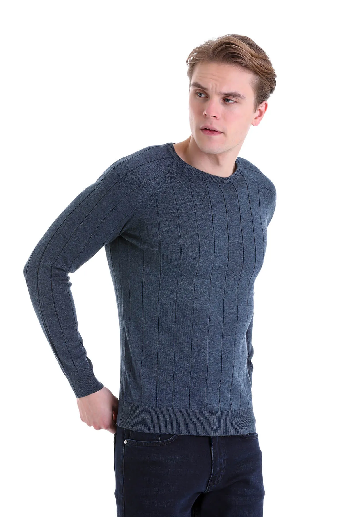 Regular Fit Indigo Cotton Blend Crewneck Sweater