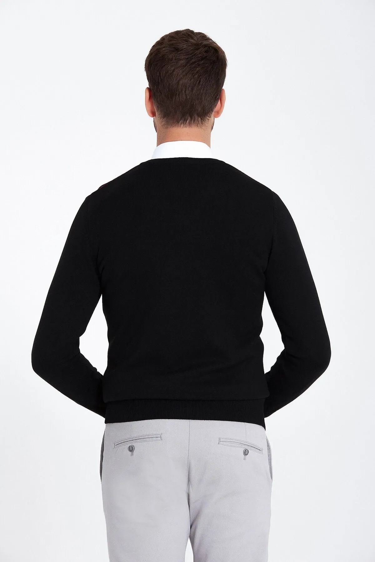 Regular Fit Patterned Cotton Blend Brown & Beige V-Neck Sweater, Black - Burgundy