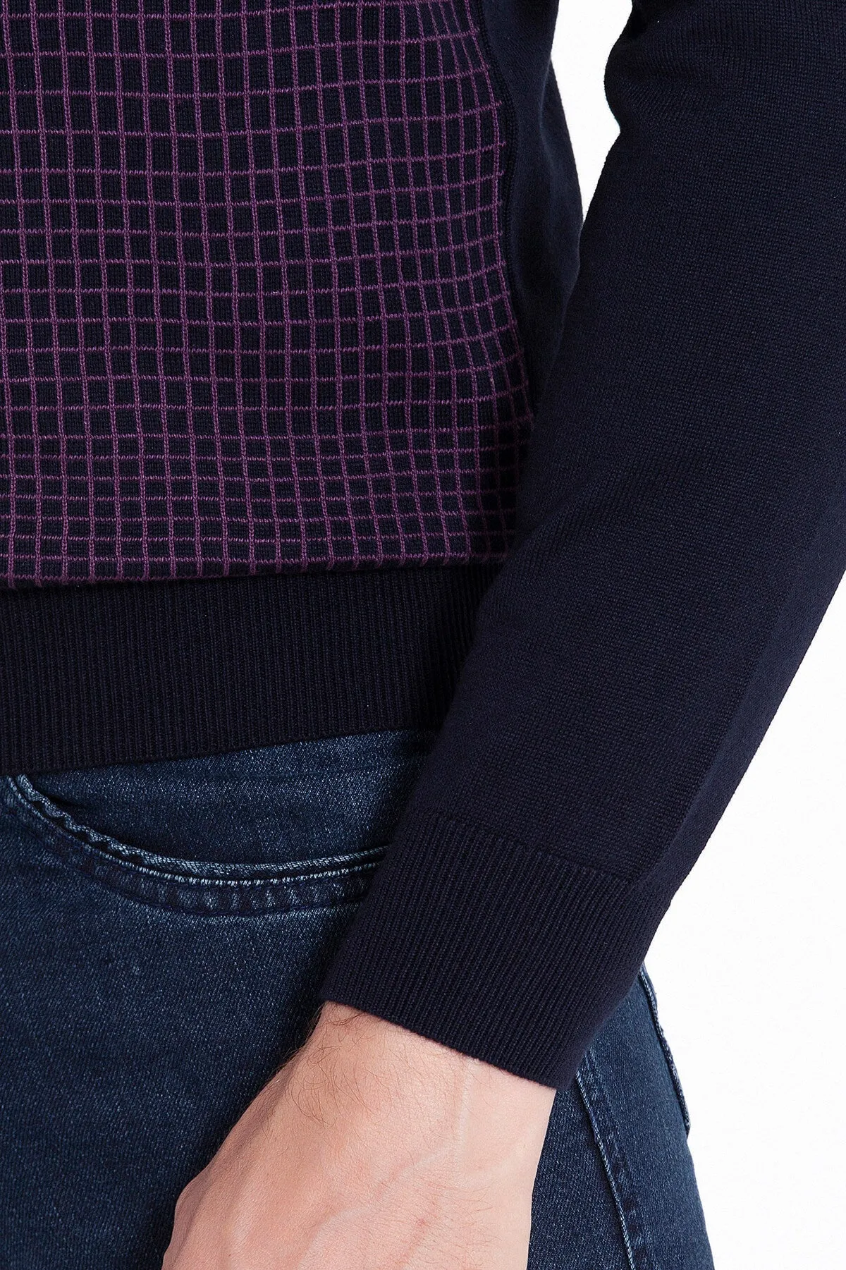 Regular Fit Patterned Cotton Blend Brown & Beige V-Neck Sweater, Navy - Light Purple