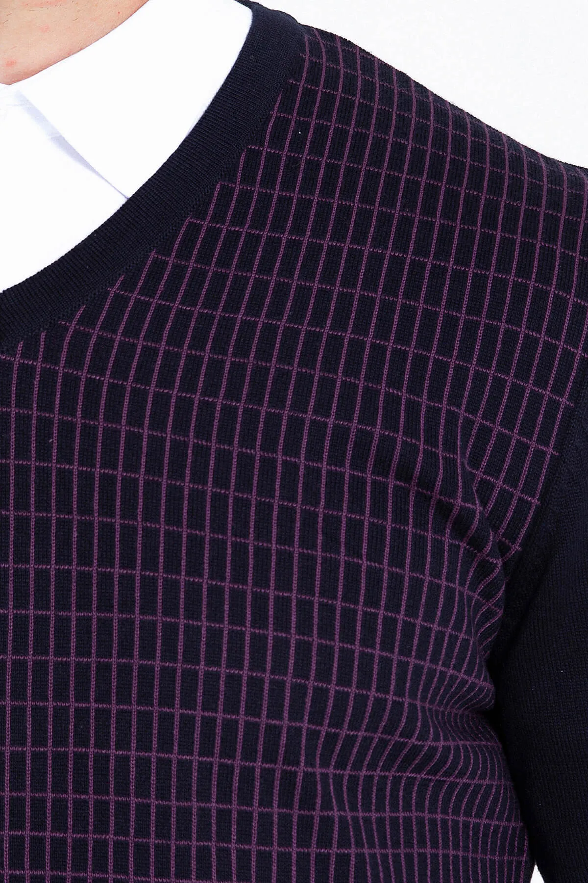 Regular Fit Patterned Cotton Blend Brown & Beige V-Neck Sweater, Navy - Light Purple
