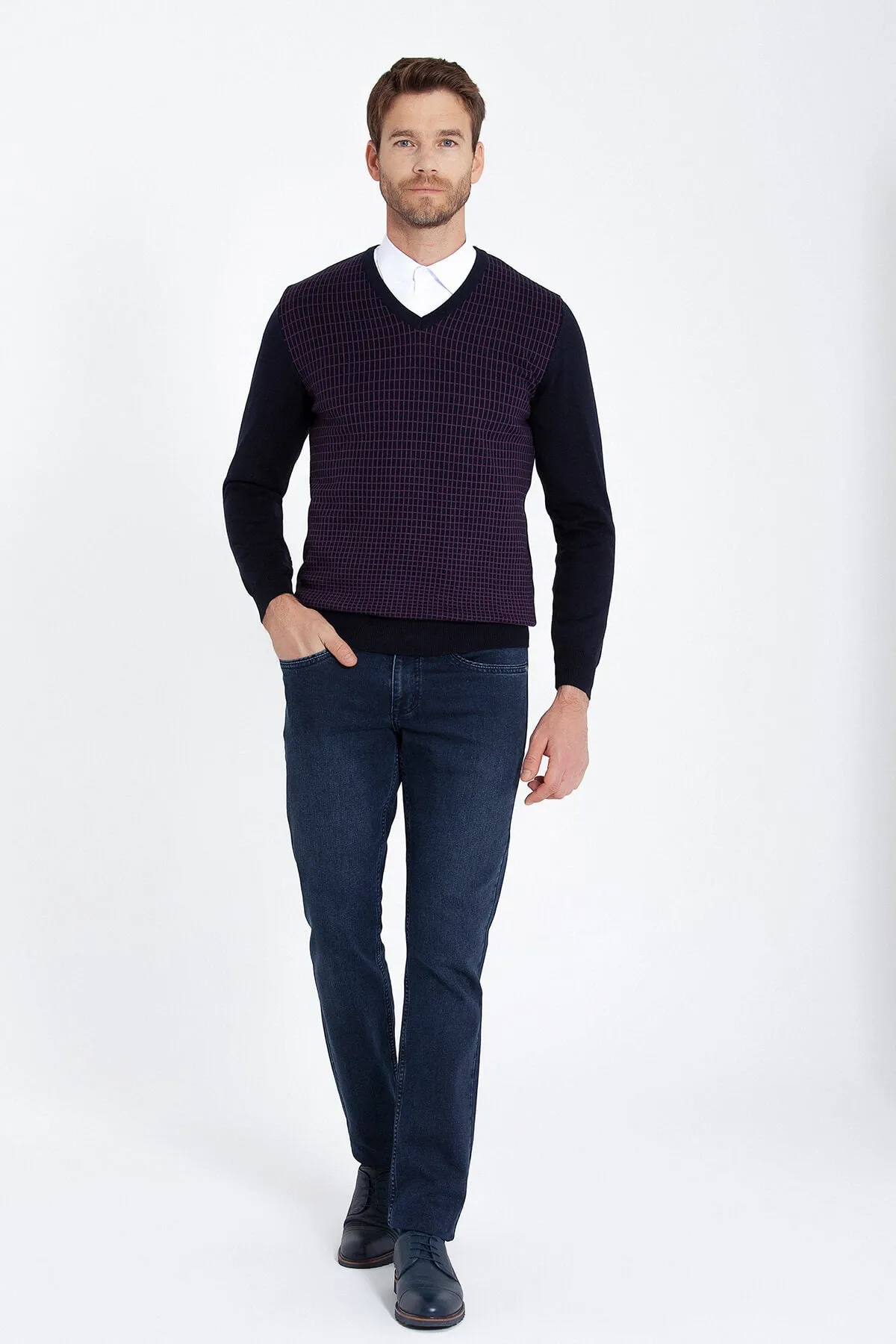 Regular Fit Patterned Cotton Blend Brown & Beige V-Neck Sweater, Navy - Light Purple