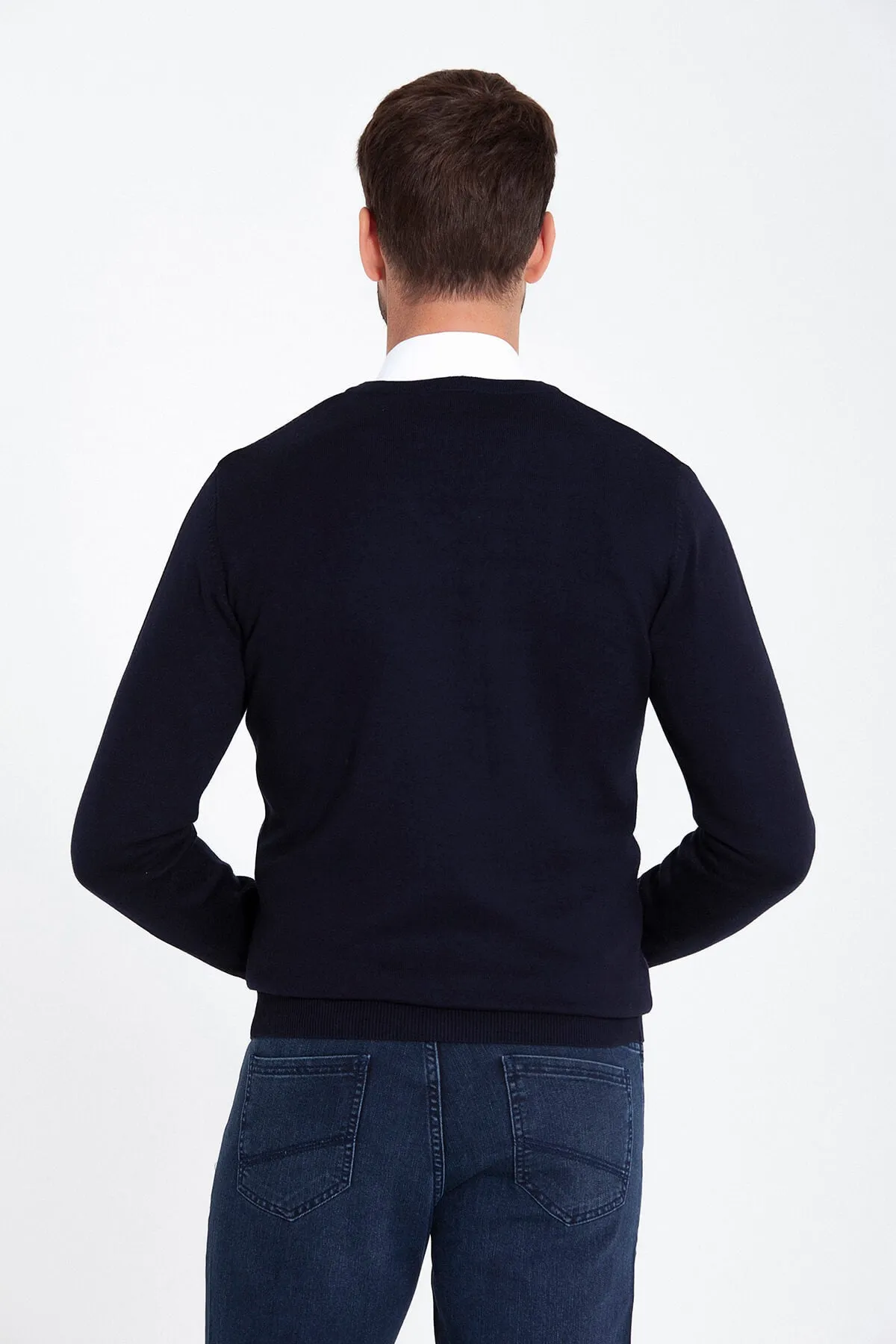Regular Fit Patterned Cotton Blend Brown & Beige V-Neck Sweater, Navy - Light Purple