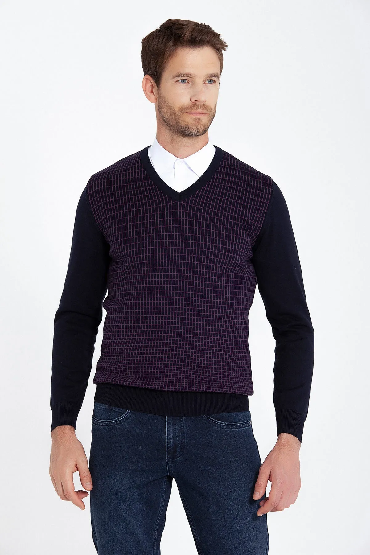 Regular Fit Patterned Cotton Blend Brown & Beige V-Neck Sweater, Navy - Light Purple