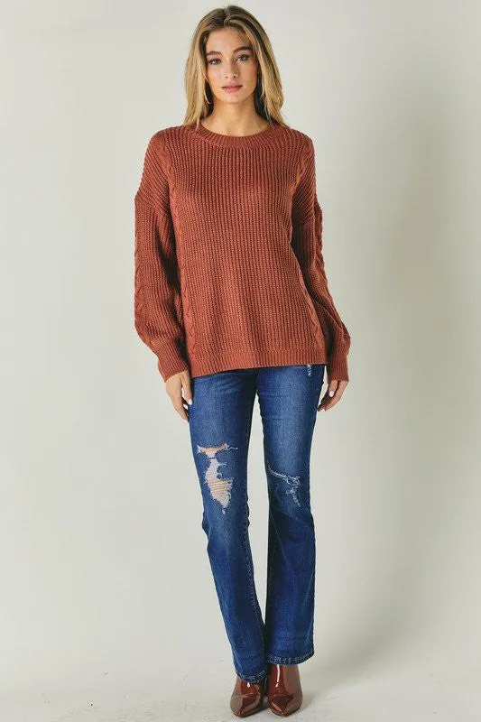 Round Neck Sweater with Cable Accents