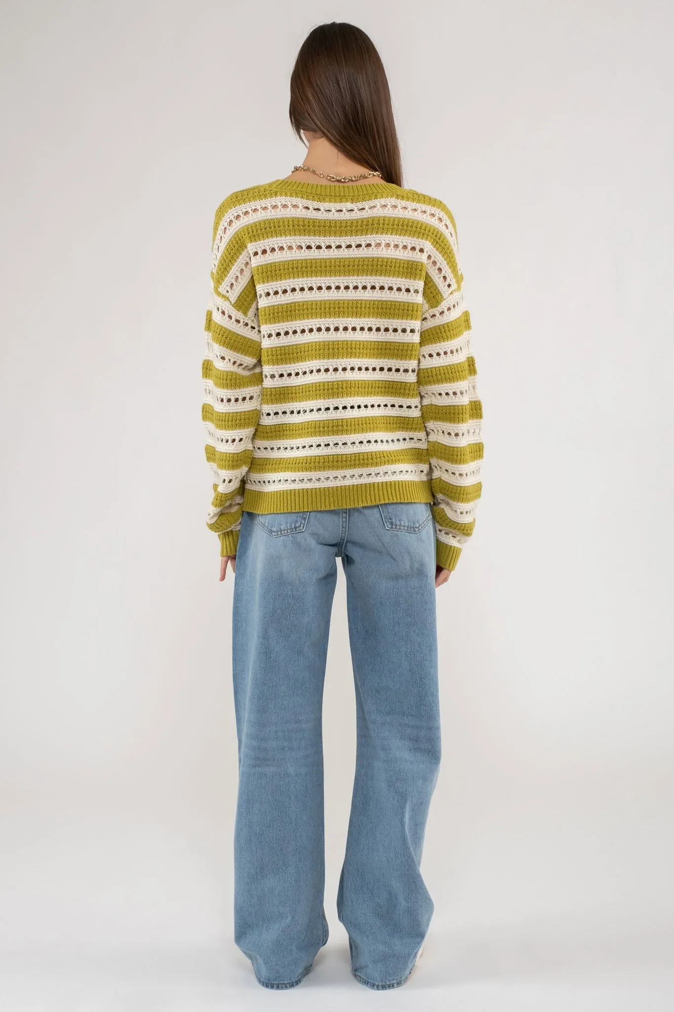 STRIPED EYELET KNIT PULLOVER SWEATER