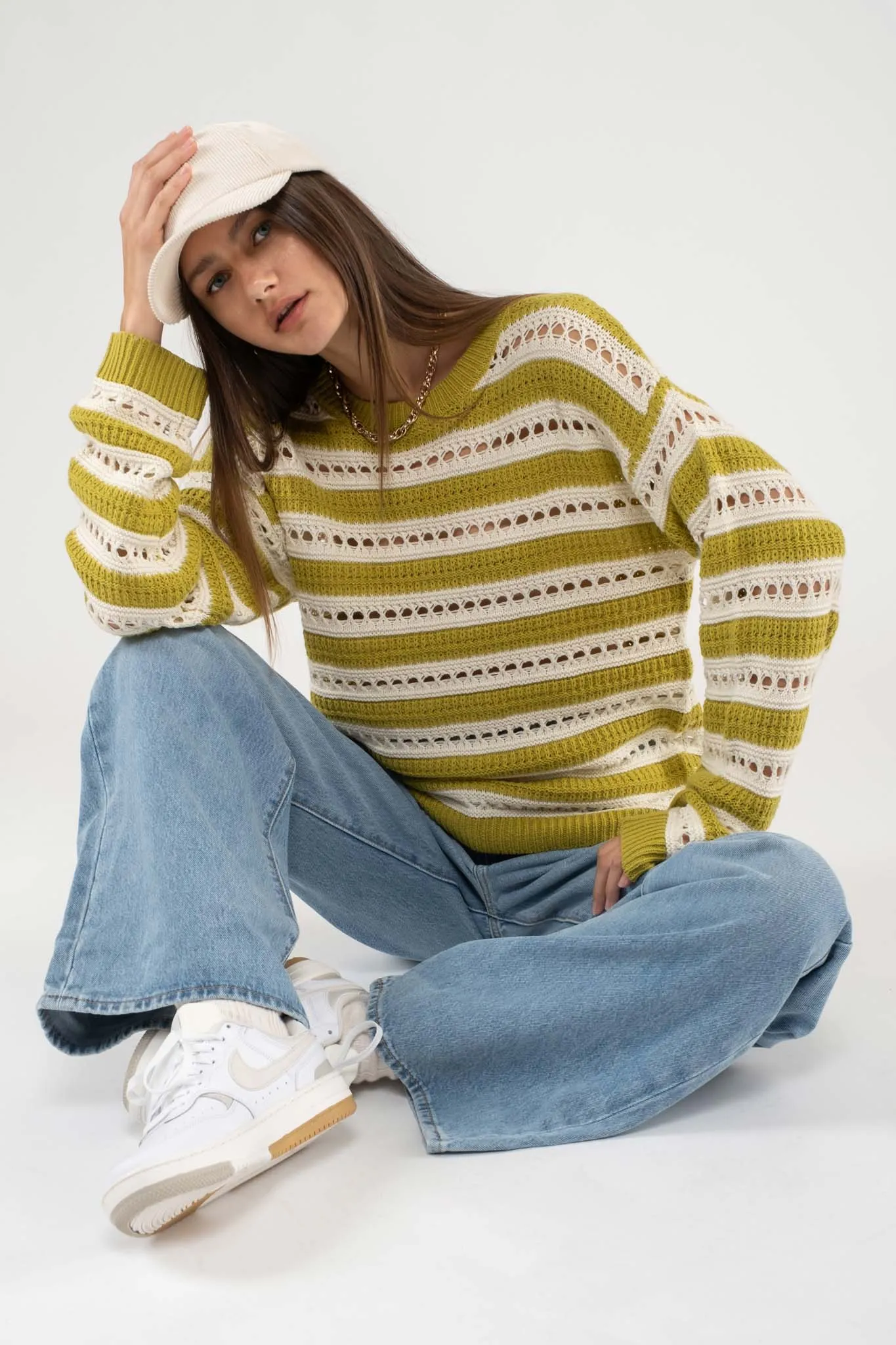 STRIPED EYELET KNIT PULLOVER SWEATER