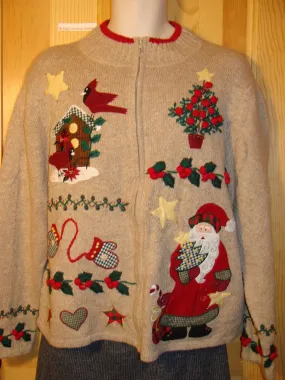 Tacky Ugly Christmas Sweater with Crafty Santa, Tree, Bird, and Mittens  (f485)