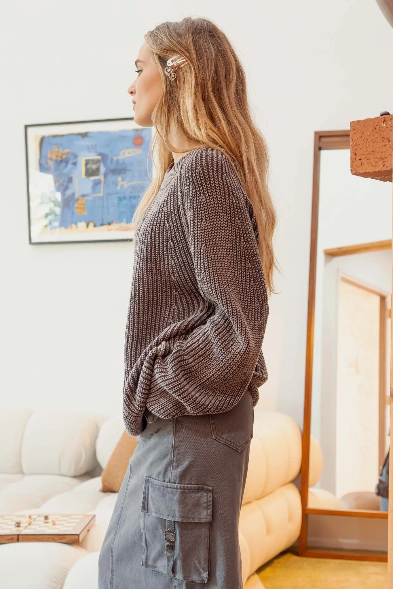 WASHED CREWNECK KNIT PULLOVER SWEATER