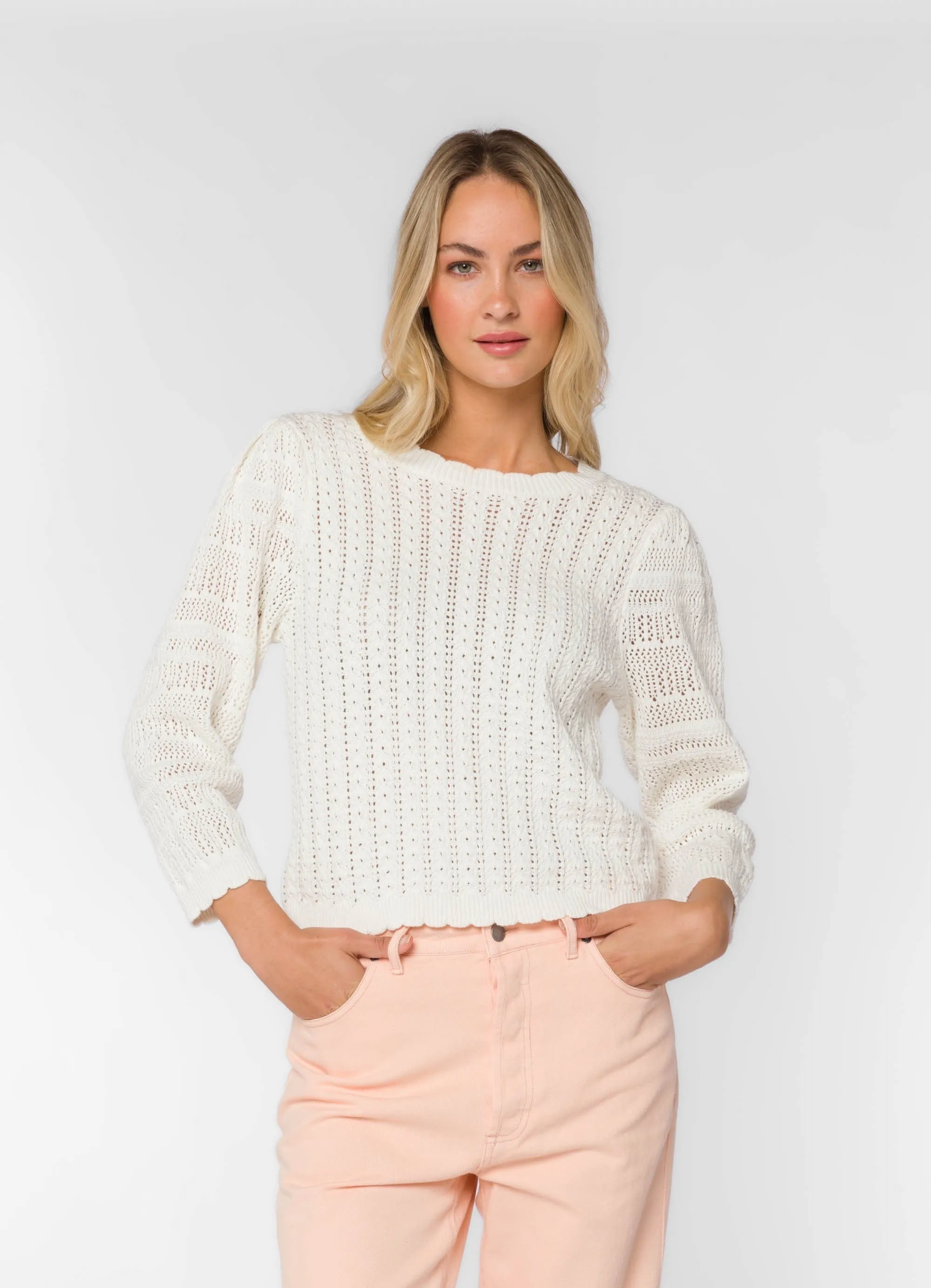 White Scalloped Neck Sweater