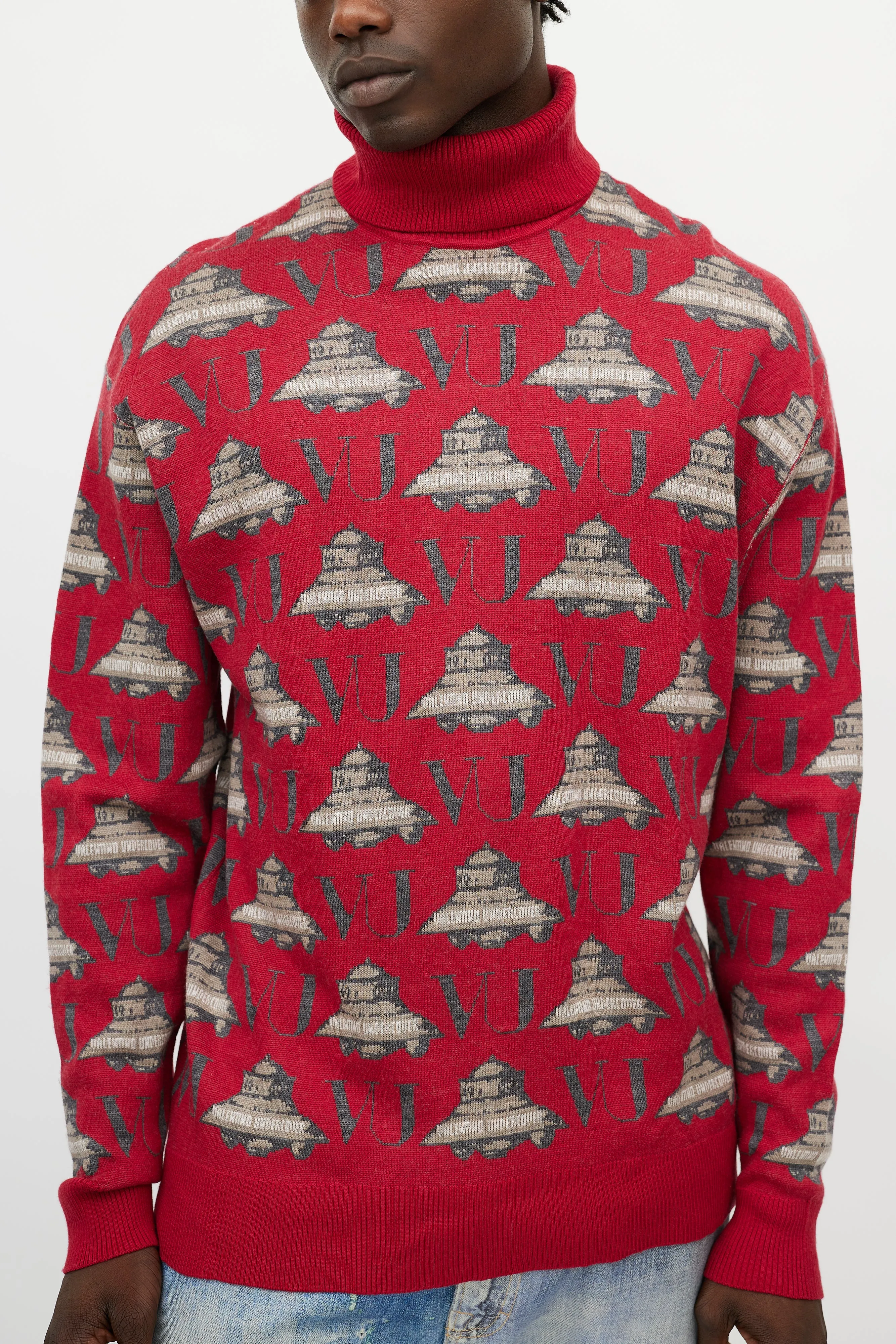 X Undercover Red & Grey UFO Knit Turtleneck